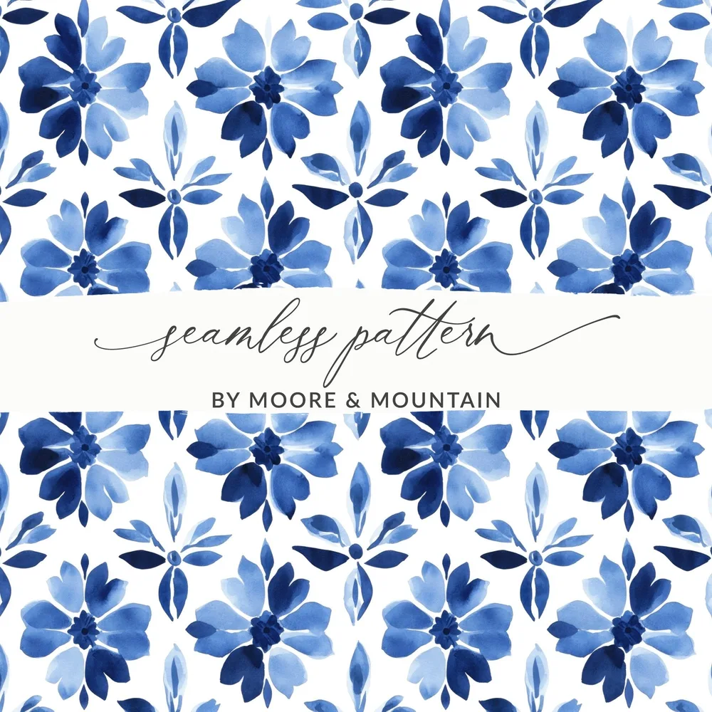Blue Shibori Indigo Ink Seamless Watercolor Geometric Pattern, Digital Paper, Floral Design, Textile Print, Background Texture, Scrapbooking - Moore and Mountain