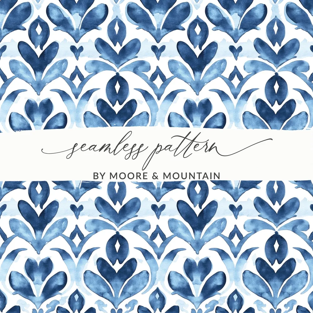 Blue Shibori Seamless Watercolor Geometric Pattern, Indigo Ink Digital Paper, Abstract Floral Repeat Pattern, Commercial Use Print - Moore and Mountain