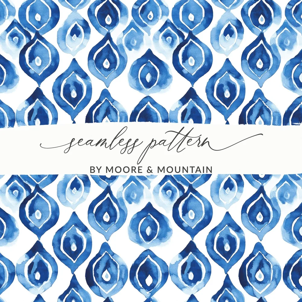 Blue Shibori Seamless Watercolor Geometric Pattern, Indigo Ink Digital Paper, Modern Blue Pattern Design, Printable Fabric Pattern - Moore and Mountain