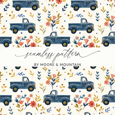 Blue Truck Seamless Pattern Digital Paper, Floral Truck, Farmhouse Truck Fabric Design, Rustic Texture for Crafts, Commercial Use