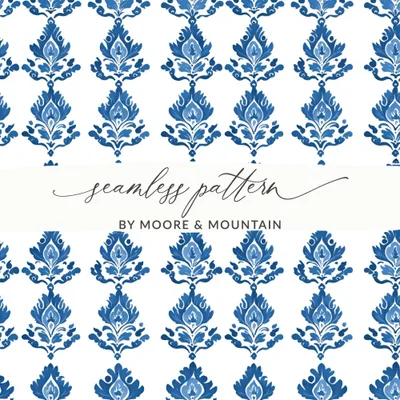 Blue White Floral Damask Pattern Design Art Digital