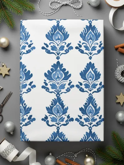 Blue White Floral Damask Pattern Design Art Digital - Moore and Mountain