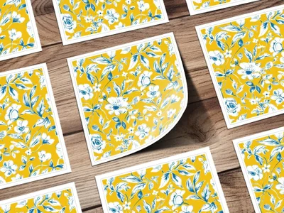 Blue White Floral Seamless Pattern Digital Paper, Yellow Background Flower JPEG File, Textile Design, Floral Print, Scrapbook Paper - Moore and Mountain
