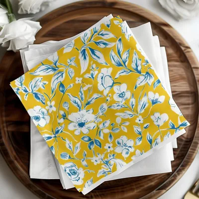 Blue White Floral Seamless Pattern Digital Paper, Yellow Background Flower JPEG File, Textile Design, Floral Print, Scrapbook Paper - Moore and Mountain