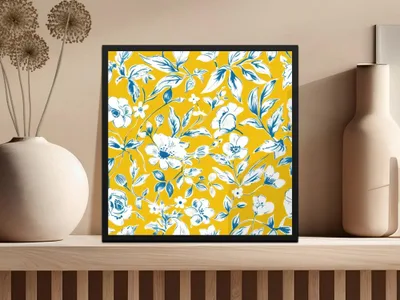 Blue White Floral Seamless Pattern Digital Paper, Yellow Background Flower JPEG File, Textile Design, Floral Print, Scrapbook Paper - Moore and Mountain