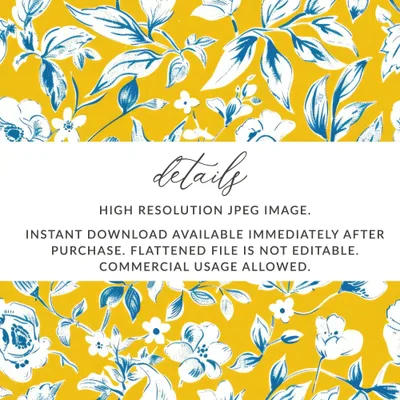 Blue White Floral Seamless Pattern Digital Paper, Yellow Background Flower JPEG File, Textile Design, Floral Print, Scrapbook Paper - Moore and Mountain