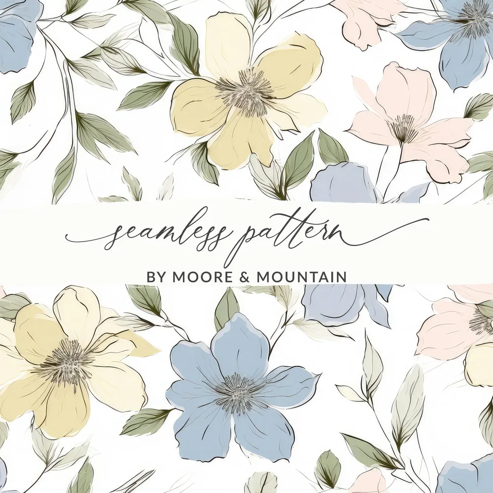 Blue Yellow Floral Pattern Digital Paper, Watercolor Flowers Seamless Print, Elegant Spring Flower Design, Pastel Bloom Image - Moore and Mountain