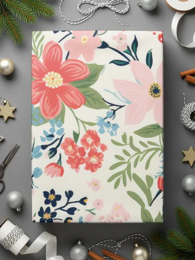 Floral Gift Wrap with Colorful Flowers and Leaves Design