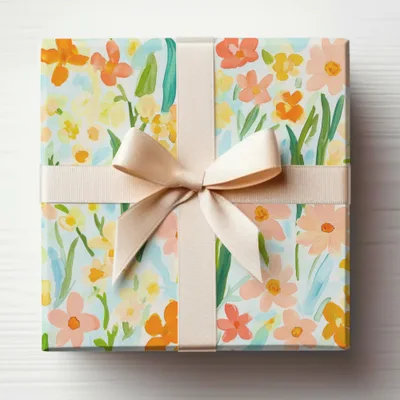 Floral Pastel Gift Wrap with Cream Ribbon Packaging