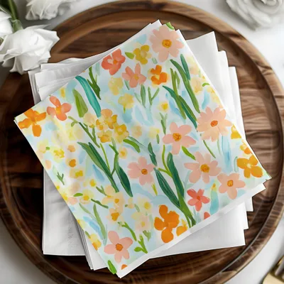Floral Pattern Napkin with Orange Yellow and Pink Blossoms
