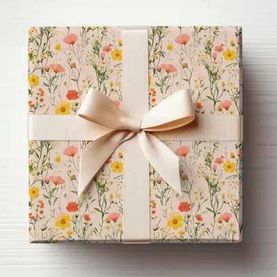 Elegant Floral Design Gift Wrap with Cream Ribbon
