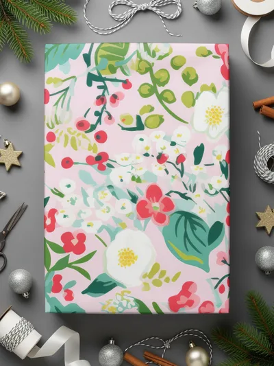Festive Floral Gift Wrapping Paper for Holidays