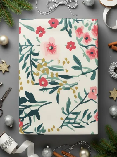 Festive Floral Gift Wrapping Paper with Pink and Green Design