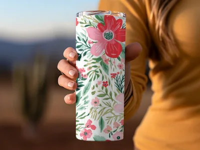 Floral Print Travel Tumbler with Red and Pink Flowers