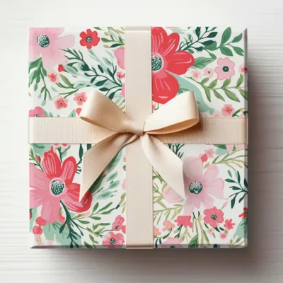 Floral Pattern Gift Wrapping with Cream Ribbon Product