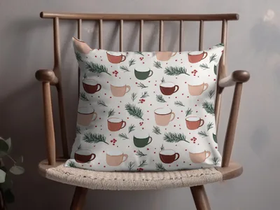 Festive Holiday Mug and Pine Branches Pattern Pillow