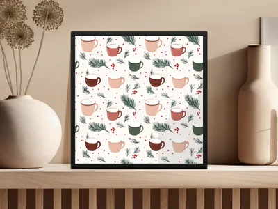 Festive Coffee Mug Pattern Framed Wall Art Print
