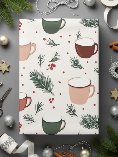 Festive Holiday Mugs and Pine Branches Wrapping Paper