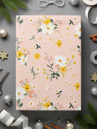 Floral Pattern Gift Wrap with Yellow and Pink Flowers