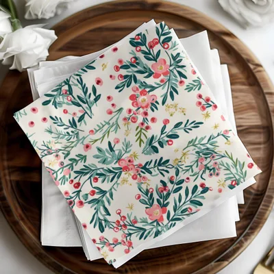 Floral Patterned Napkins with Red and Green Design