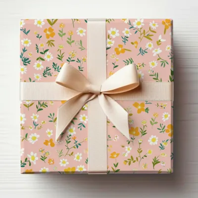 Pink Floral Pattern Gift Box with Cream Ribbon