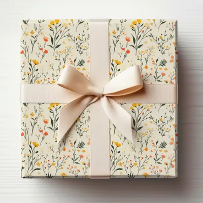 Elegant Floral Gift Wrap with Beige Ribbon Box