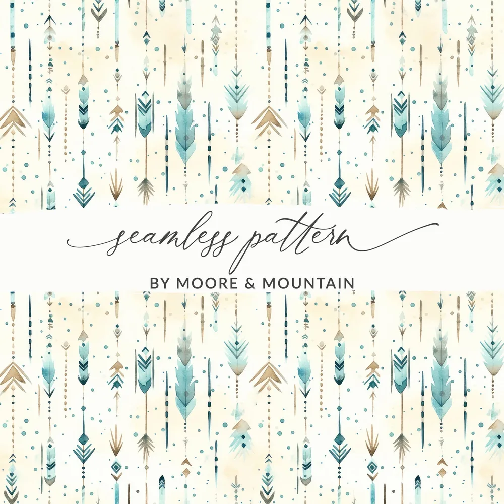 Boho Chic Seamless Pattern Digital Paper, Watercolor Feathers Background, Arrow Tribal Print, Teal and Beige, Scrapbook Paper Download - Moore and Mountain