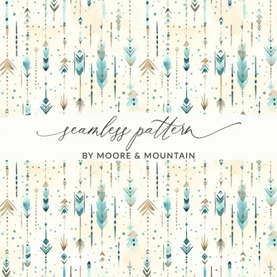 Boho Chic Seamless Pattern Digital Paper, Watercolor Feathers Background, Arrow Tribal Print, Teal and Beige, Scrapbook Paper Download