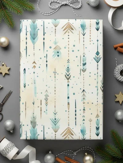 Boho Chic Seamless Pattern Digital Paper, Watercolor Feathers Background, Arrow Tribal Print, Teal and Beige, Scrapbook Paper Download - Moore and Mountain
