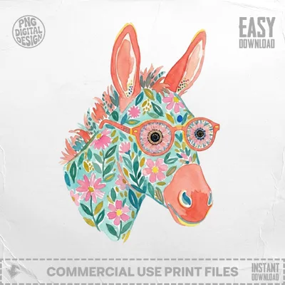 Watercolor donkey wearing floral glasses and pattern.