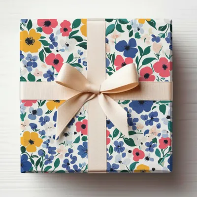 Floral Pattern Gift Wrap with Beige Ribbon Design