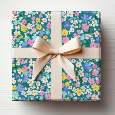 Colorful Floral Gift Box with Cream Bow Gift Wrap
