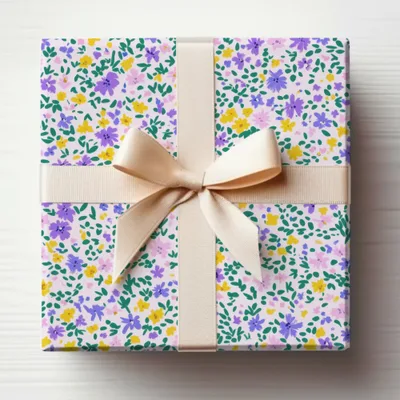Floral Patterned Gift Wrap with Beige Bow for Gifts