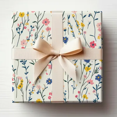 Floral Pattern Gift Wrapped Box with Ribbon