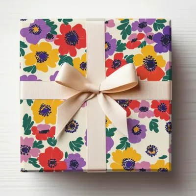 Vibrant Floral Design Wrapped Gift Box with Ribbon
