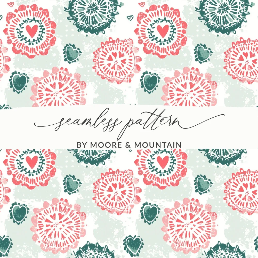 Boho Heart Floral Pattern Digital Paper, Red Teal Flower Design, Abstract Spring Print, Seamless Scrapbook Paper Pack, Digital Download - Moore and Mountain