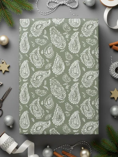 Elegant Green and White Paisley Design Gift Wrap