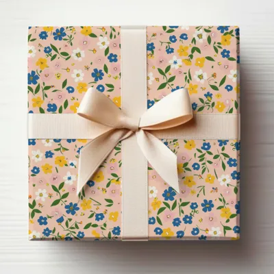 Floral Patterned Gift Wrap with Beige Ribbon product