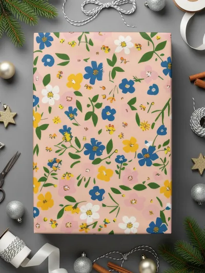 Floral Gift Wrap with Blue Yellow Pink Flowers Patterns