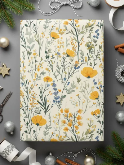 Floral Yellow and Blue Design Wrapping Paper Product