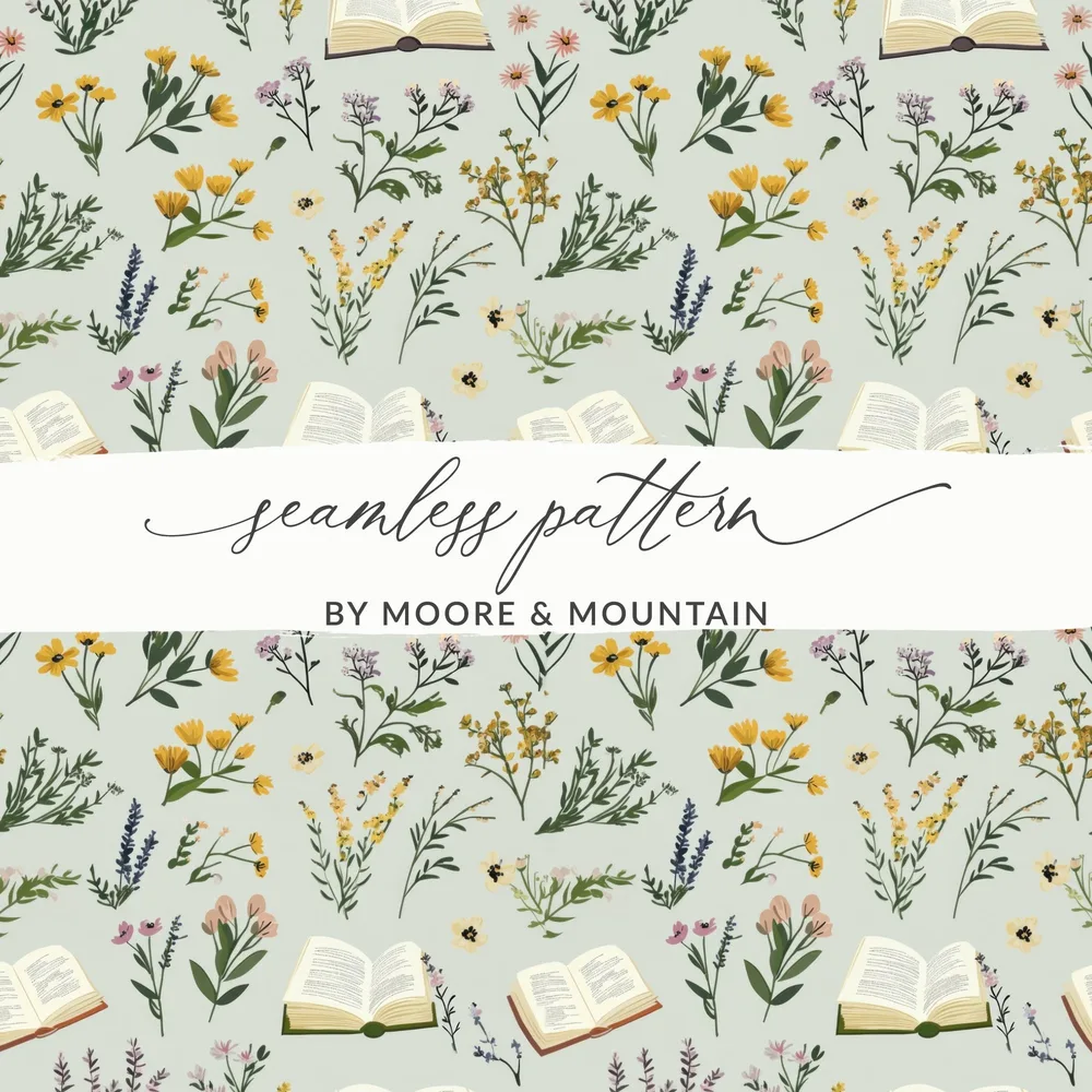 Book and Floral Seamless Pattern Digital Paper, Vintage Flowers Design, Reading Lover Gift, Botanical Surface Pattern, Commercial Use - Moore and Mountain
