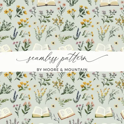 Book and Floral Seamless Pattern Digital Paper, Vintage Flowers Design, Reading Lover Gift, Botanical Surface Pattern, Commercial Use