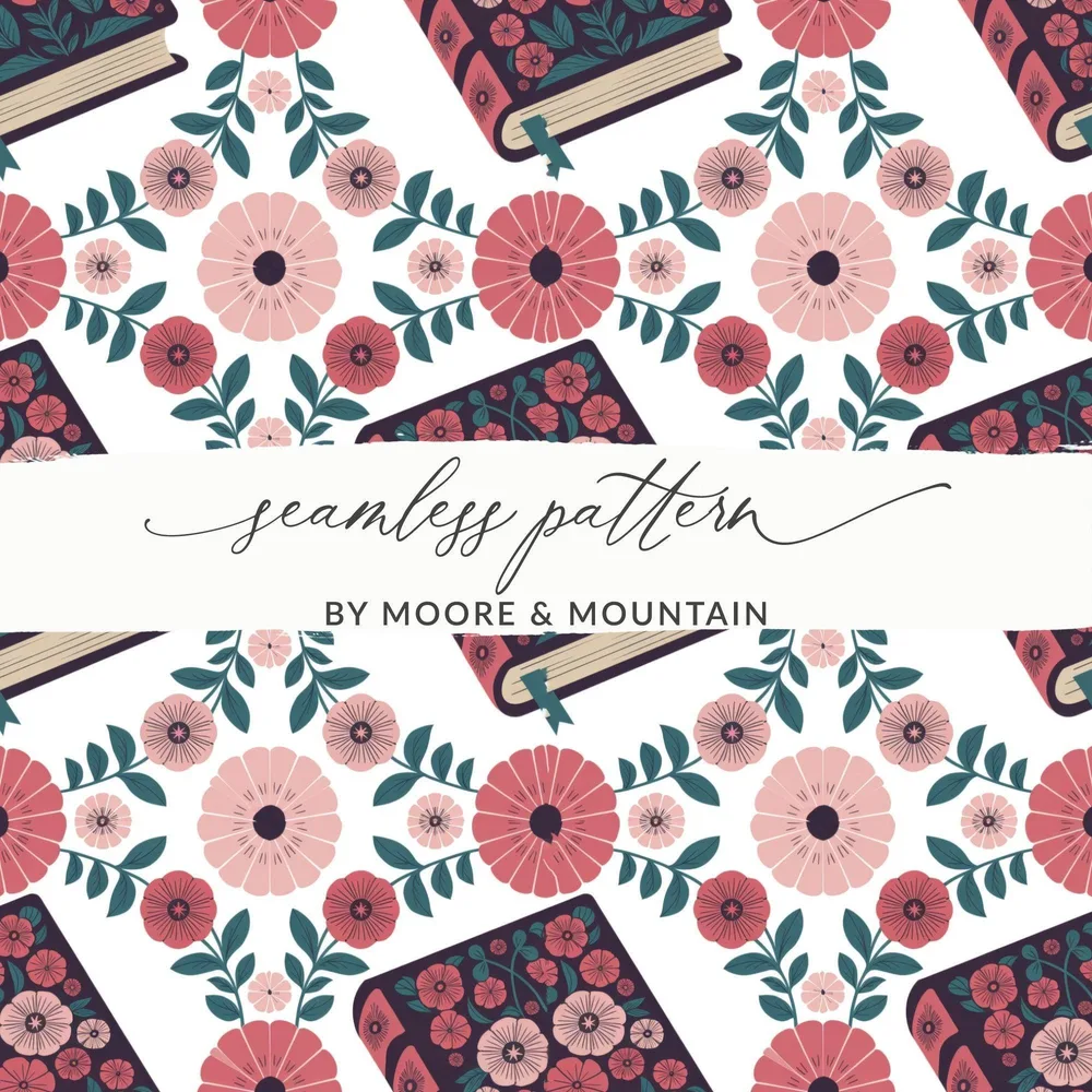 Book and Flower Digital Paper, Seamless Floral Pattern, Digital Scrapbook Paper, Fabric Design, Bookish Gift, Digital Download (138) - Moore and Mountain