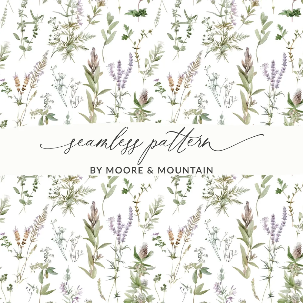 Botanical Seamless Pattern, Digital Paper Download, Floral Design, Wildflower Background, Watercolor Herb, Scrapbooking Paper, Fabric Print - Moore and Mountain