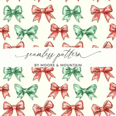 Bows Digital Paper, Coquette Christmas Holiday Bows Fabric Design, Pink, Green Bows, Scrapbooking Paper, Digital Download, forBow Seamless Pattern, Christmas Bows, Digital Paper, Holiday Scrapbook Paper, Red and Green Bows Digital Product