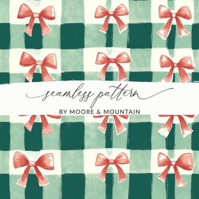 Bows Digital Paper, Seamless Pattern, Coquette Christmas Holiday Bows Pink, Green Bows, Digital Download, forBows and Gingham Digital Paper, Seamless Pattern, Christmas Digital Paper, Commercial Use, Holiday Scrapbook Paper, Pastel Pink Bow Digital