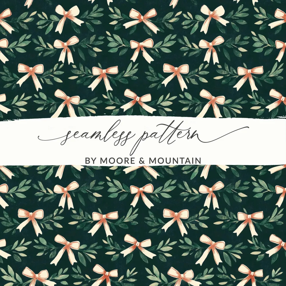 Bows and Leaves Seamless Digital Paper, Christmas Holiday Pattern, Festive Repeat Pattern, Scrapbooking Fabric Design, Digital Download - Moore and Mountain