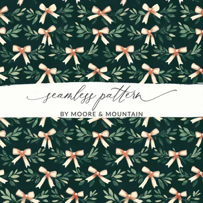 Bows Digital Paper, Seamless Pattern, Coquette Christmas Holiday Bows Fabric Design, Pink, Green Bows, Scrapbooking Paper, Digital Download, forBows and Leaves Christmas Holiday Pattern, Festive Repeat Pattern, Scrapbooking Fabric Design, Digital Download