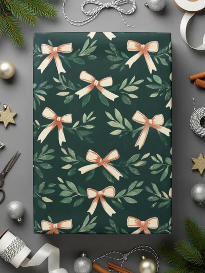 Bows and Leaves Seamless Digital Paper, Christmas Holiday Pattern, Festive Repeat Pattern, Scrapbooking Fabric Design, Digital Download - Moore and Mountain