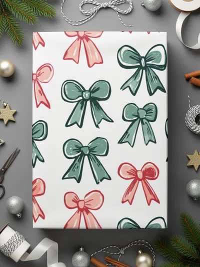 Bows Digital Paper, Seamless Pattern, Christmas Holiday Bows Fabric Design, Pink, Green Bows, Scrapbooking Paper, Digital Download, for - Moore and Mountain